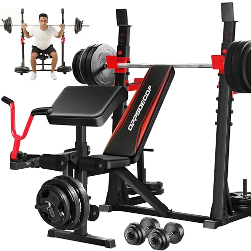 OPPSDECOR 9 in 1 Adjustable Weight Bench Set with Squat Rack 900LBS Bench Press with Leg Extension & Leg Curl Multi-Function Full Body Workout Benches for Home Gym with Safety Bar Catches & V-Handle