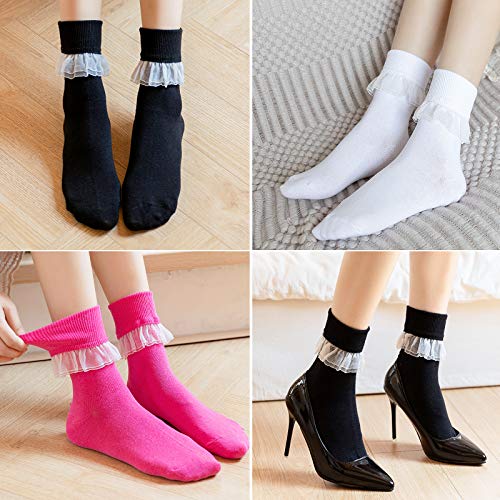 SRYL Women Ankle Socks Lace Turn-Cuff, Cute Ruffle Frilly Comfortable Cotton Socks Ladies Girl Princess,YYS094