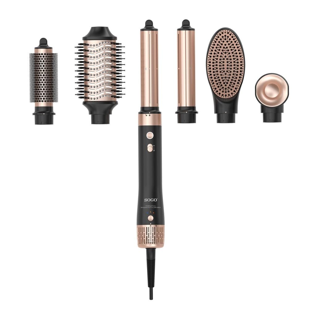 SOGO Airstyler, spazzola multistyler, arricciacapelli, arricciacapelli, strumento per lo styling 6 in 1, impostazioni di temperatura, funzione ionica, 1400 W, nero/oro