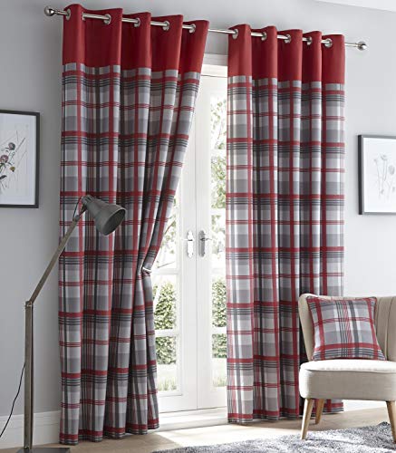 Portfolio Orleans Rideaux à œillets entièrement doublés Motif Carreaux Rouge/Gris 117 x 137 cm