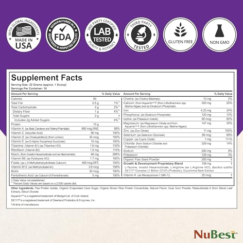 Image of NuBest Tall Vanilla Plant-Based Protein Powder for Kids & Teens - Healthy & Immunity with Probiotics, Omega 3-6-9, Vitamin D3 + K2, Calcium & Vitamins - 10 Servings | 2 Week Supply