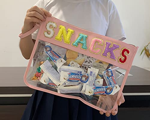 Image of Chenille Letter Clear Bag Purse Multi-purpose Transparent Waterproof Snacks Makeup Tote Bag with Wrist Strap
