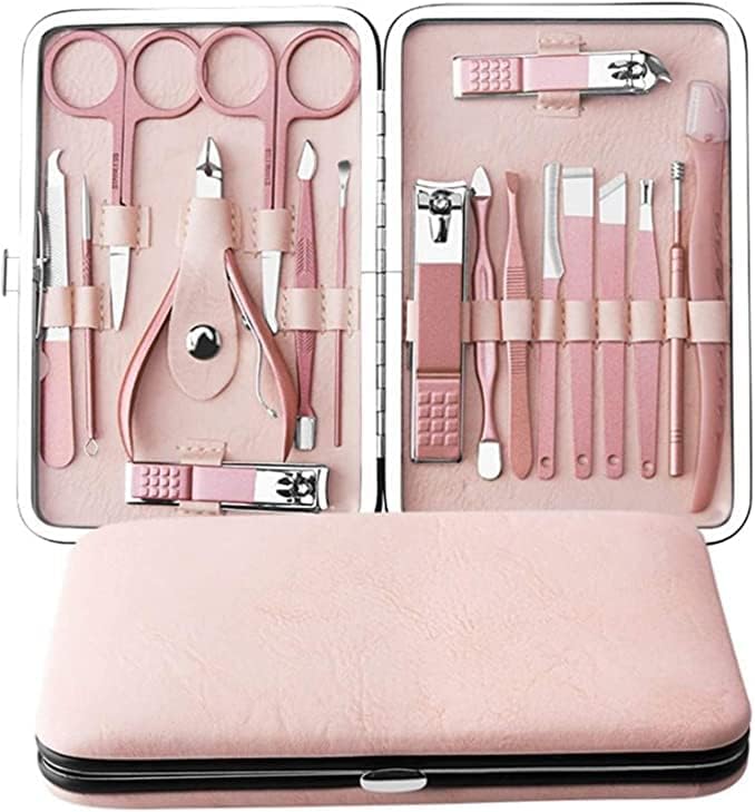 Unisex Nail Clippers Set, Pedicure & Manicure Tool Kit, Professional Grooming Set for Men and Women, with Stylish and Elegant, Luxurious Travel Case, Travel Manicure Set pink 18pcs