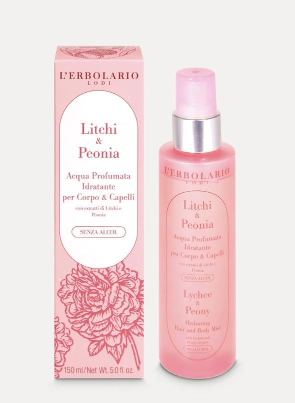 L'Erbolario Agua perfumada hidratante Litchi y peonía – Fragancia floral para cuerpo y cabello – sin alcohol – 150 ml