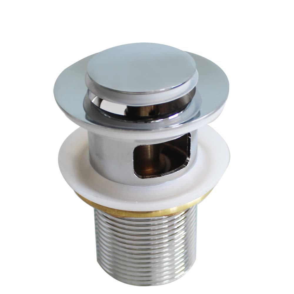 WaiiHO 014 Basin Drainer with Overflow, Brass with Chrome Plating, Rubber Seal, G1-1/4 Inch Thread, 62mm Cap