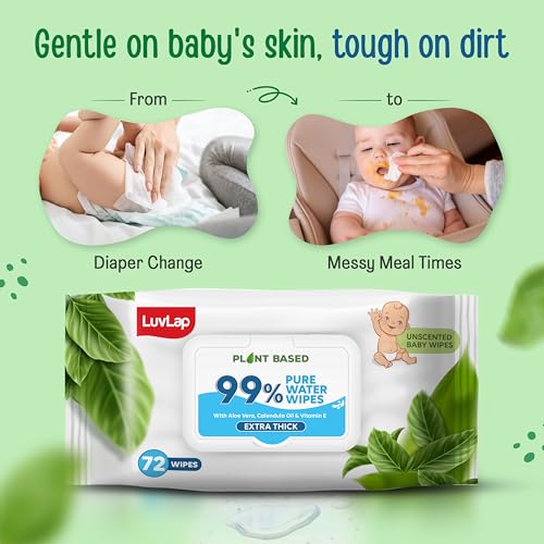 Image of LuvLap Plant Based 99% Pure Water Extra Thick Unscented Baby Wipes, 72s, with Aloe Vera & Vitamin E, pH Balanced, Paraben Free, Ideal for Delicate Skin, Dermatologically Tested