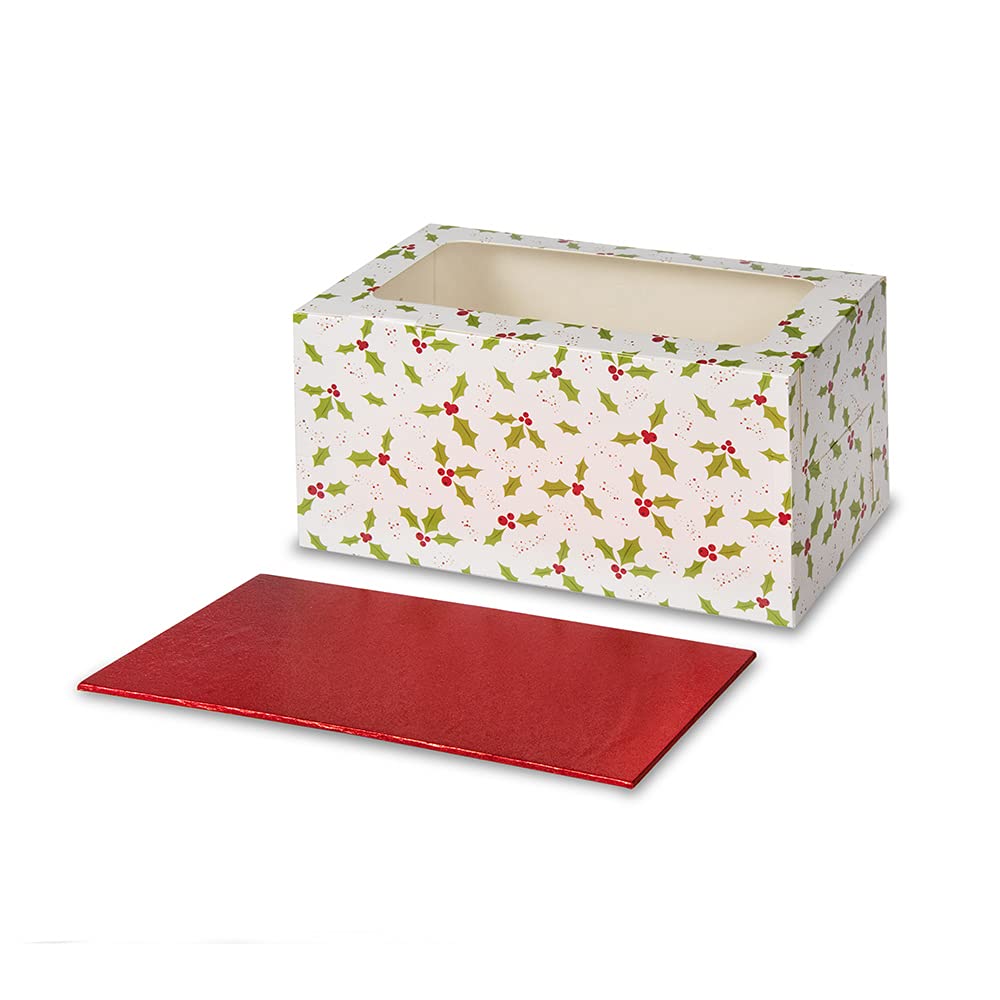 Anniversary House Yule Log Christmas Cake Box & Board Kit - Includes 1 Printed Box with Window & 1 Red Foil Cake Board - Secure & Stylish Packaging with Holly Print - 12.5 x 12.5 x 25.5cm