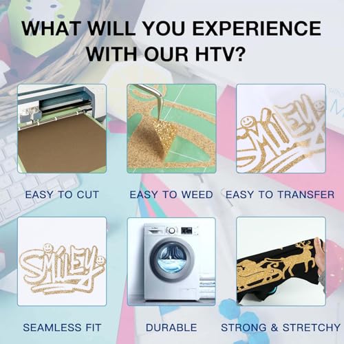 Image of HTVRONT Champagne Glitter HTV Vinyl - 10 inch x 8ft Light Gold Glitter Heat Transfer Vinyl for T Shirts, Champagne Glitter Iron on Vinyl Compatible with Cricut Cutting Machine (Champagne Gold)