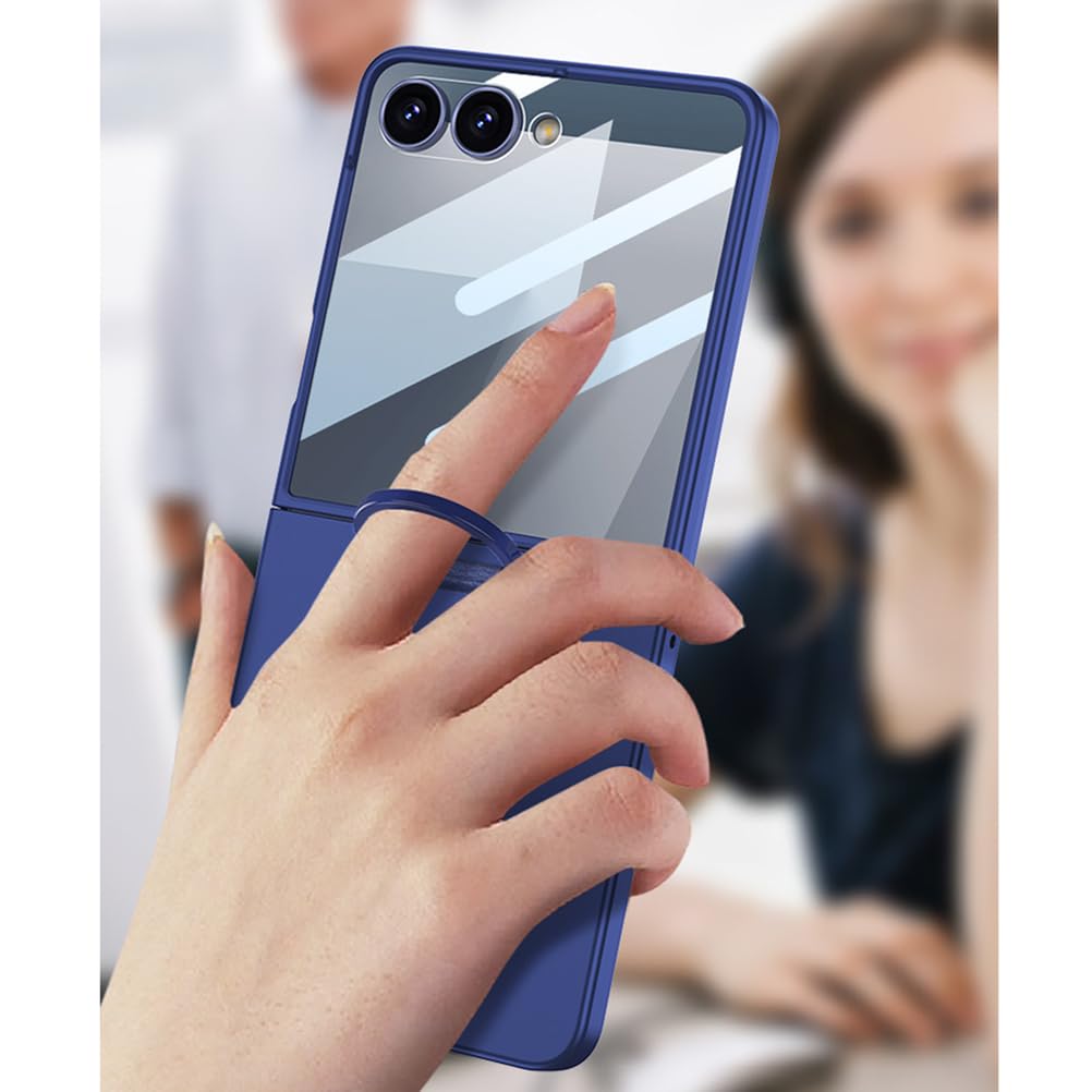 Coque pour Samsung Galaxy Z Flip 7, Verre Trempe Screen Protection Housse avec Anneau Support Béquille Mince Étui Dur PC,Noir,Flip 7