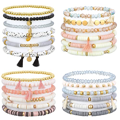 Jadive 4 Sets 24 Pcs Bohemian Bracelets Bulk for Women Stackable Boho Beaded Stretch Bracelets Heishi Clay Boho Jewelry for Teen Girls Women Y2k Aesthetic Jewelry Gifts