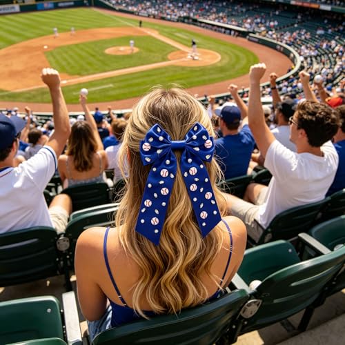 Baseball Hair Bows Accessories for Women Jeweled Rhinestone Large Red Blue Bows Big Softball Hair Ribbon Clips Game Day Hair Bows Baseball Mom Team Hair Accessories Outfits Party Favors (Blue 1) miniatura 2