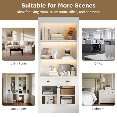 Image of 83.4 inch White Tall Bookshelf with LED Lighting, Modern Wood Double Bookcase with Glass Doors and Drawer, Set of 2 Storage Bookcases with Open Shelves for Living Room,Home Office (White+Glasses 2Set)