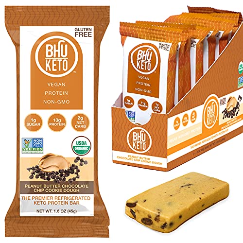 BHU Keto Bars - 2g Net Carbs, 1g Sugar - Organic Refrigerated Snacks made with Clean, Gluten Free Ingredients - 8 pack (Peanut Butter Chocolate Chip Cookie Dough)