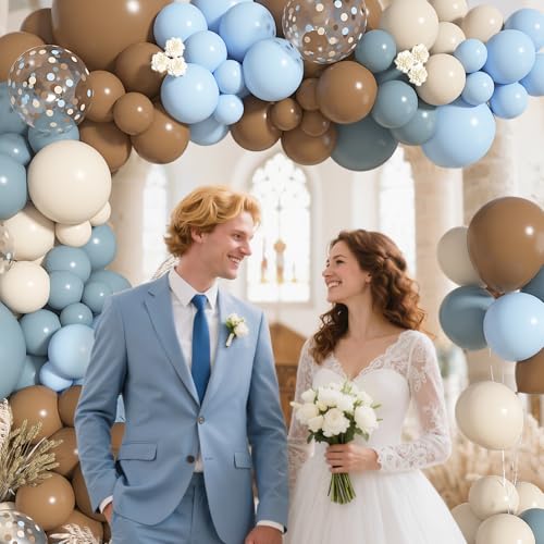 Image of Ouddy Life 142Pcs Dusty Blue and Brown Balloons Arch Kit Different Size | 18 12 10 5 inch Sand White Dusty Blue Brown Confetti Balloons for Boy Baby Shower Ted Bear Gender Reveal Birthday Party Decor