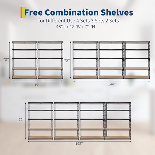 Garage Storage Shelves 5 Tiers, Heavy Duty Storage Shelving Racks with 2500 Lbs Capacity, 48" L x 18" W x 72" H Metal Adjustable Shelving Unit for Kitchen Pantry Basement Bathroom Laundry