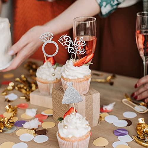 24 Pcs Glitter Bride To Be Cupcake Toppers Silver Bridal Shower Cupcake Picks With Heart Ring Dress For Wedding Engagement Anniversary Party Cake Decorations #TOP3