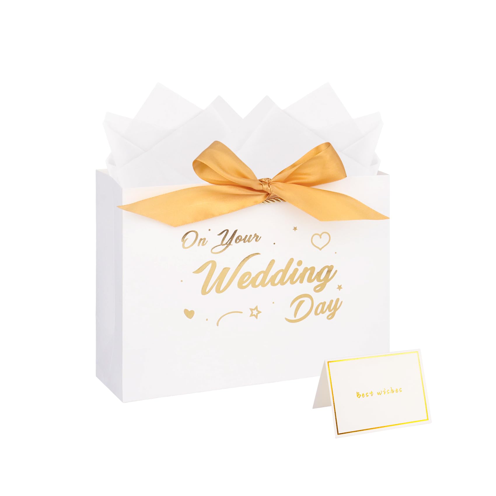 Wedding Gift Bag with Tissue Paper and Card, 11 inches White Gift Bag for Wedding Presents