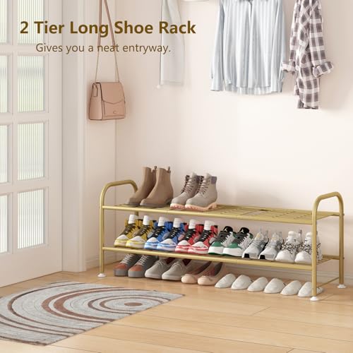 Image of LINZINAR Shoe Rack Long 2 Tier Shoe Storage Organizer Metal Wide Shoe Shelf for Closet Entryway Bedroom 18 Paris Large Capacity, Gold