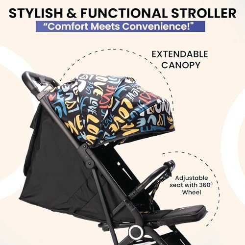 Image of Tinyberg stroller for baby boy 0 to 5 years | 5 Point Safety Harness, Adjustable backrest, 360 Swivel Wheel, Large Storage Basket With Back Pocket | Pram for Baby| One Click Foldable Trolley For Travel (Rainbow Black)
