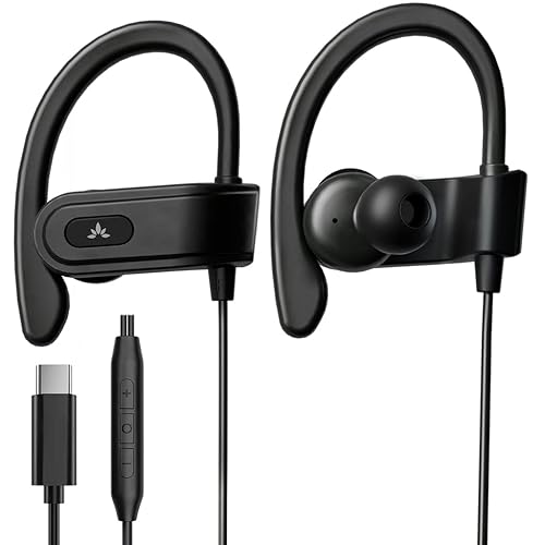 Avantree C171 - USB-C Wired Earbuds with Microphone & Volume Controls, Compatible with New iPhone 15 & 16, Samsung, Google & Android Type C Phones Headphones with Ear Hook for Running & Sports - Black - USB-C (Android & iPhone 15 & 16)