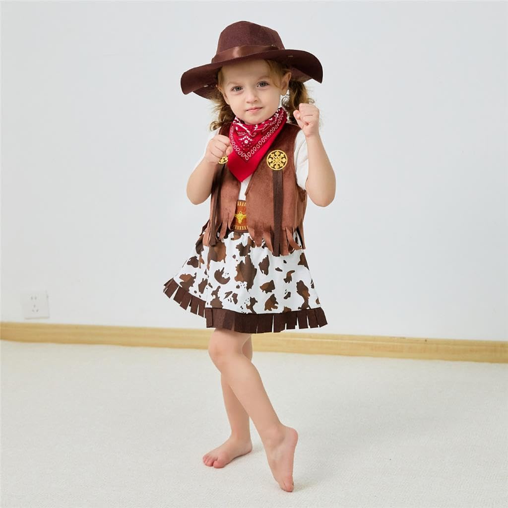 Lito Angels Deguisement Costume de Cowgirl avec Bandana, Gilet et Chapeau pour Enfants Filles, Brun