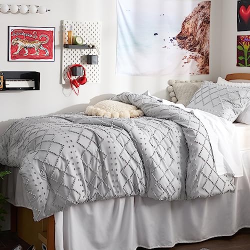 Image of Bedsure Twin Comforter Set - Light Grey Comforter, Boho Tufted Distressed Vintage Bedding for Kids, 2 Pieces Farmhouse-Style Bed Set for All Seasons, Fluffy Soft Bedding with 1 Pillow Sham