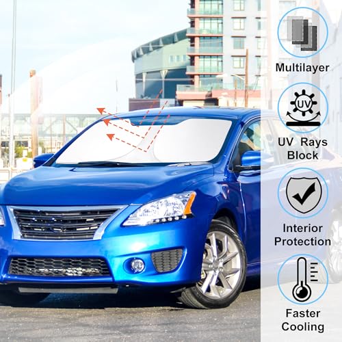 Image of Windshield Sun Shade Custom Fit for 2014 2015 2016 2017 2018 2019 Nissan Sentra Accessories Foldable Sunshade Sun Blocker Protect Car from Sun Rays & Heat Damage Keep Car Cooler
