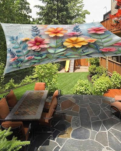 Waterproof Sun Shade Sail Newspaper Art 3D Flower Printing Pattern Outdoor Patio Sun Shades Canopy UV Block Water Resistant Sunshade for Garden Backyard Deck Pergola 12x16 Ft