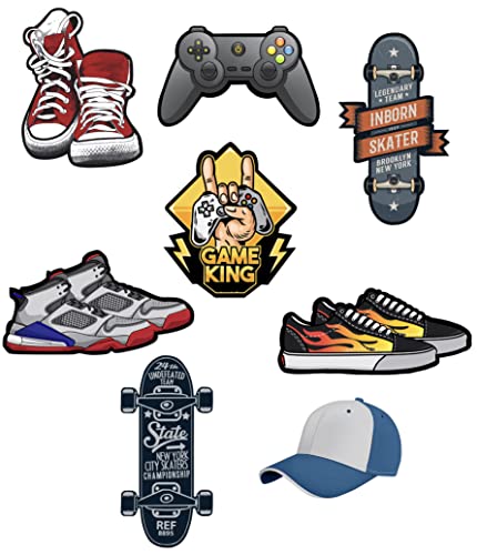 40 Parches termoadhesivos para la ropa. Apliques serigrafiados para planchar sobre camisetas, bata escolar, jeans, chaquetas. Diseño de moda: skate, zapatilla, videojuegos