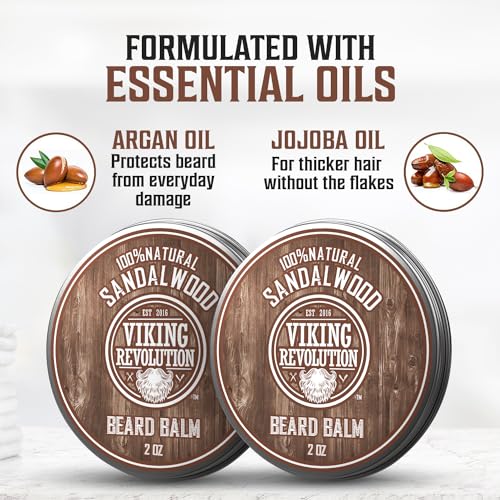 Image of Viking Revolution Beard Balm - Sandalwood - 2 oz, 2 Pack | Deeply Softens Coarse Hair - Packed with Rich Argan Oil - Locks in Moisture & Eliminates Flakes for a Cleaner Beard