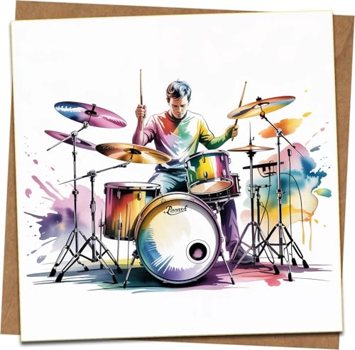 Drummer Birthday Card 145mm x 145mm with Kraft Envelope – Colorful Drum Kit Design, Blank Inside – For Music Lover, Musician, Bandmate, Son, Dad, Teen, Him or Her