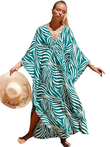 Image of IMAGEKOPE Women's Plus Size Animal Print V-Neck Batwing Kaftan Beach Dress Bathing Suit Cover-Up Loungewear