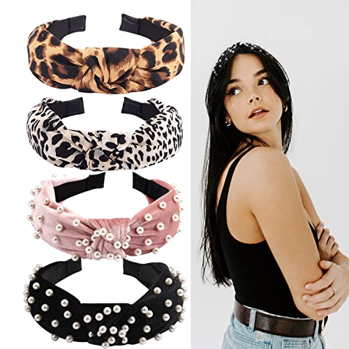 Ondder Headbands for Women 4 Pack Top Knot Fashion Headbands Pearls Velvet Girls Headbands Cheetah Womens Headbands Wide Headband Head Band Turban Headbands Hair Accessories for Women Girls Ladies
