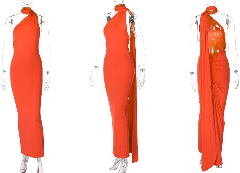 Suillty Women's Sexy Oblique Shoulder Backless Maxi Dress Ruched Back Strap Sleeveless Party Cocktail Long Dresses Bodycon - Image 7