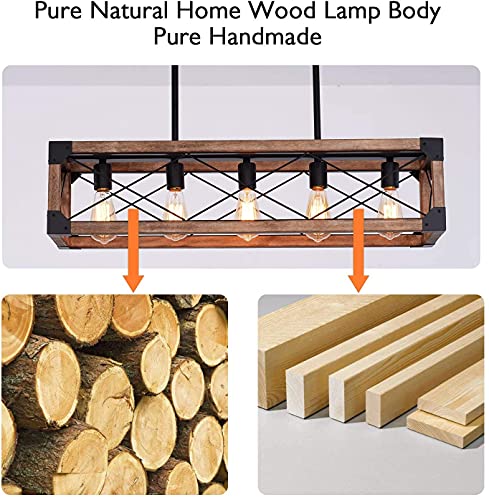Airposta Kitchen Island Lighting, 33.5-Inch 5 Lights Farmhouse Linear Chandelier For Dining Room Pool Table Pendant Light Fixture, Rustic Wood Grain Finish thumb #1