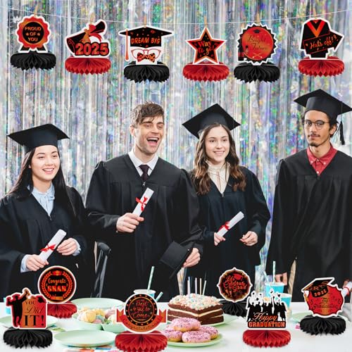 Image of 12PCS Graduation Decorations Class of 2025, Congrats Grad Table Centerpieces Graduation Honeycomb Centerpieces Grad Party Centerpieces 2025 Graduation Decorations for Party, Red