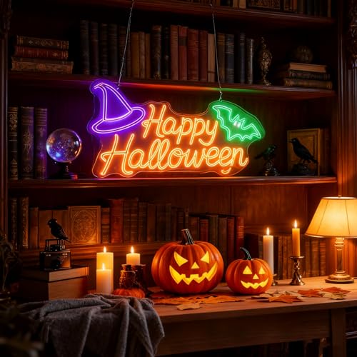Image of Custom Happy Halloween LED Lights, Personalized Halloween Bat Neon Signs for Wall, Window, Room, Home, Party, Battery Operated or USB. RGB for Indoor, Business