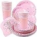 Produktbild SIMUER 80PCS Set Rosa Papier Geschirr Set, Papierservietten, 7In Dessertteller, 9In Pappteller Rose Gold Tupfen Papier Einwegbecher & Geschirr Papierschalen für Picknicks Kindergeburtstag Partys