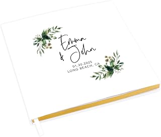 Andaz Press Personalized Wedding Guestbook with Gold Accents, Fall Greenery Custom Guestbook, White Guest Sign-in, 120 Pages 8.5" X 8.5" Scrapbook Photo Album, Wedding Guest Book Sign Photo Album