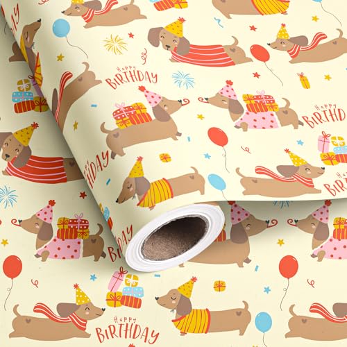 Dtiafu Dog Birthday Wrapping Paper Roll - Dachshund Dog Balloon and Happy Birthday Text Design for Kids Boys Girls Birthday Dogs Lover Party Total 28.5 sq.ft