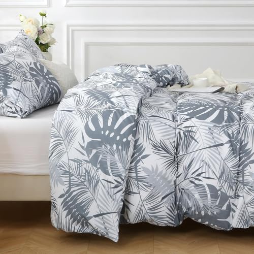 MUXHOMO Duvet Cover Full Size, Reversible Floral Black & Grey Duvet Cover Set with Zipper Closure, 3 Pieces Botanical Patterns Soft Microfiber Bedding Set with 4 Ties (80"x90", 2 Pillow Cases) US