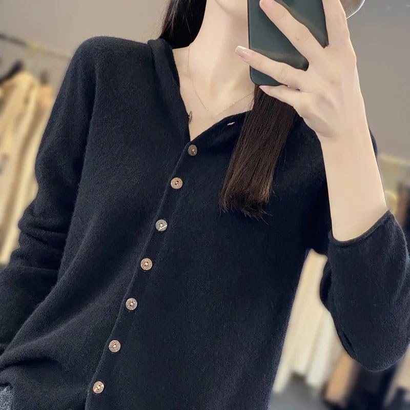 Maglione da donna in lana con cappuccio, tinta unita, a maniche lunghe, lavorato a maglia