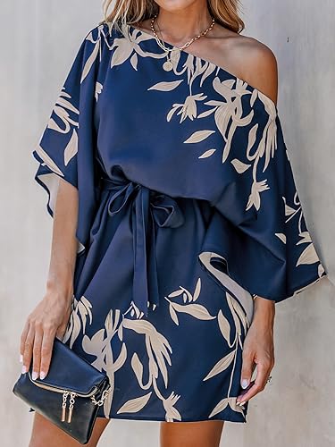 Image of CUPSHE Women's Casual Mini Dress Navy Leaf Print 3 /4 Sleeve One Shoulder A Line Short Belted Dresses
