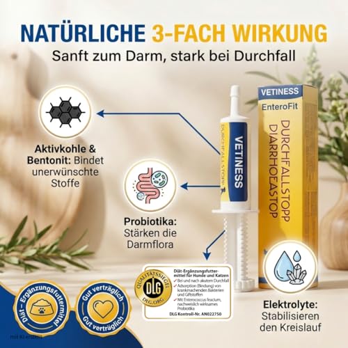 vetiness EnteroFit Durchfallstopp Paste für Hunde 30 ml – bei akutem Durchfall Hund und Darmstörungen – Diätergänzungsfuttermittel mit Aktivkohle, Bentonit und Probiotikum