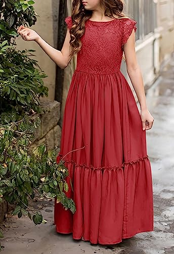 Image of MITILLY Girls Lace Flower Ruffle Sleeve A-Line Swing Wedding Party Long Maxi Dress with Pockets 12-13 Years Red