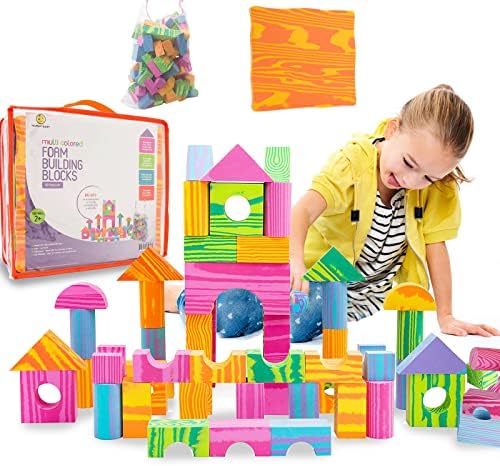 Morvat 60 Piece Colorful Soft EVA Foam Building Blocks Set, Waterproof Play Toy for Children, Babies, Toddlers, & Kids, Gift for Boys & Girls, Non Toxic & BPA Free, Bath Tub Platform, Carry & Dry Bag