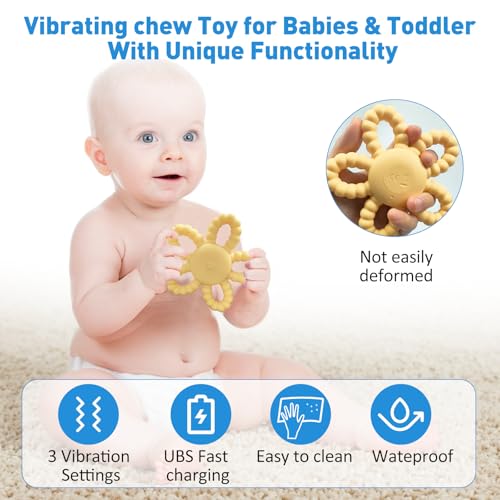 Image of Vibrating Teether for Baby, Sensory Chew Toys for Autistic Children & Teething Toys for Babies, USB Chargeable & 3X Vibration Setting Travel Essential Kids with Autism Toddler Gifts
