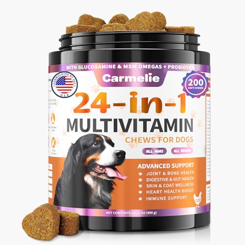 Carmelie Dog Vitamins, 24 in 1 Dog Vitamins and Supplements 200 Chews with Glucosamine Probiotics Omega-3 Dog Multivitamins Chewable for Hip & Joint, Skin & Coat, Immune Health, Digestive (Chicken)