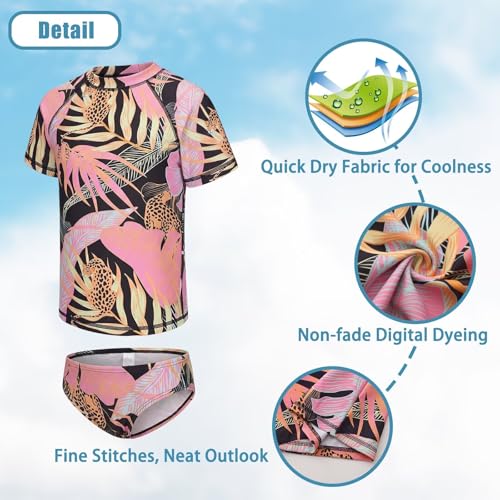 Image of Girls Two Piece Rash Guard Swimsuits Set Short Sleeve Bathing Suit for Kids Hawaiian Swimwear Set 3-16 Years