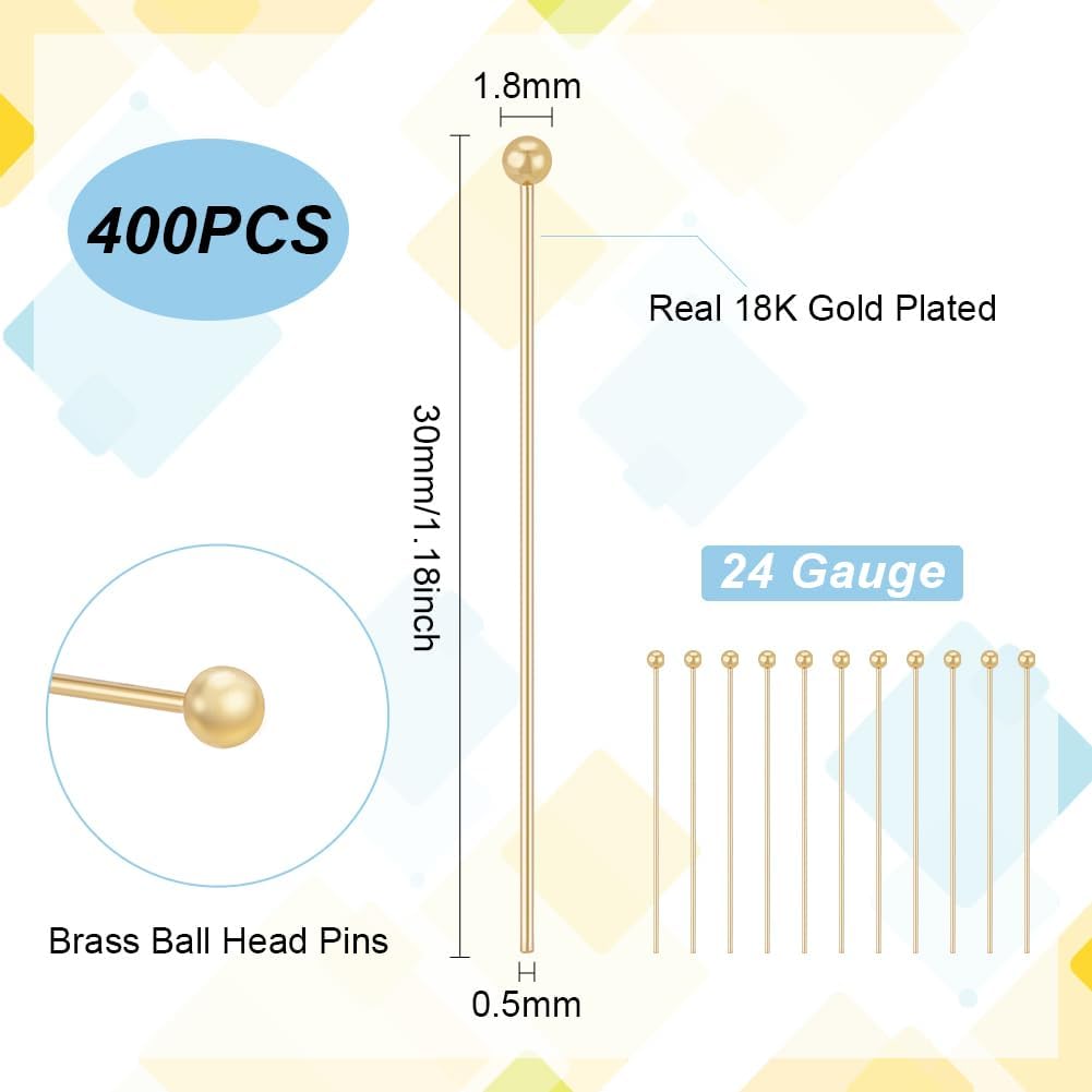 BENECREAT 400PCS 18K Gold Plated Ball Head Pins 24 Gauge/0.5mm Brass Satin Pins 1.2 Inch/30mm End Headpins Straight Head Pins for Pendant Earring Jewelry Making Findings